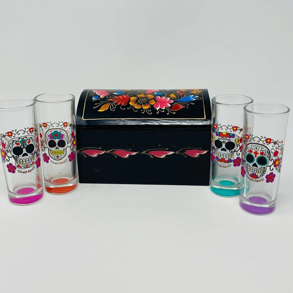 Vintage Halloween Sugar Skull Barware Shot GlassSet With Hand Painted Wood Box